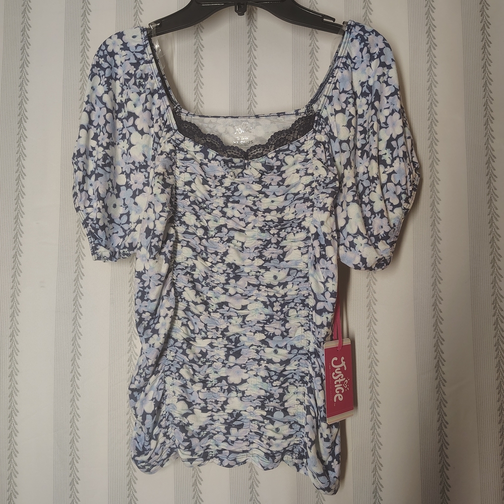 Justice Blue and White Floral Ruched Blouse